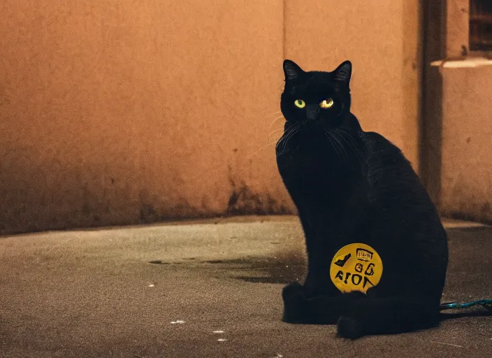 Image similar to photography of a Cat sitting on a box. in a cyberpunk street, award winning photo, led lighting, night, 24mm, sharp, high res