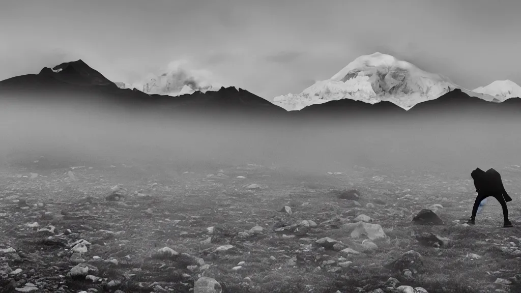 Prompt: the silhouette of a rock band playing in the altiplanic plain with the illimani in the background, film by andrei tarkovski, mysterious foggy atmosphere, orthochromatic look filter, cinematic photography, 3 5 mm, highly detailed, 4 k