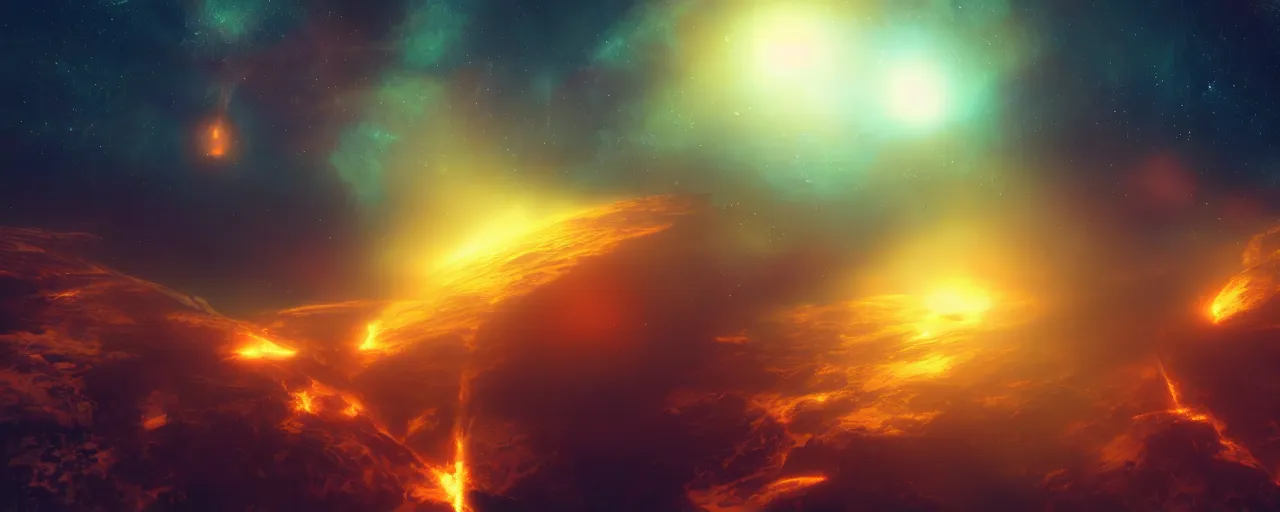 Prompt: warm colours, cinematic render of atmospheric deep space, glowing epicentre, volumetric lighting, cathrin machin