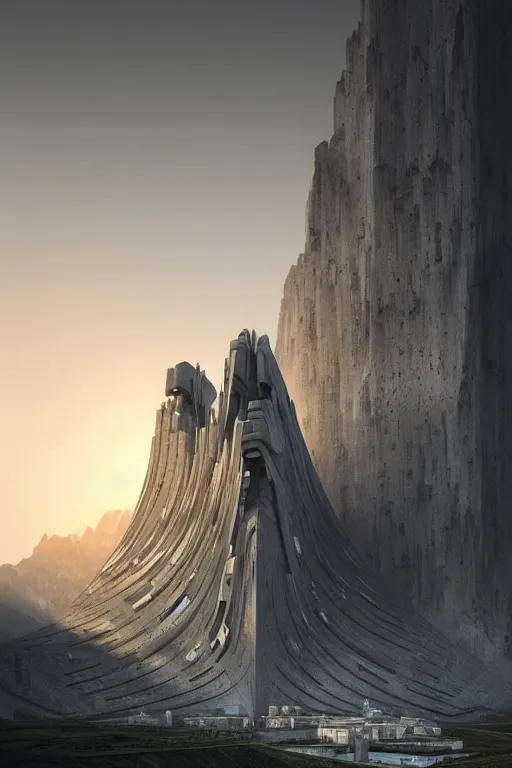 Image similar to sci - fi concrete brutalist architecture in the italian dolomites, zaha hadid, beksinski, oil painting, photoreal, highly detailed, 8 k, hd, vray, artstation, cinematic matte painting, extreme detail photo quality, sunset, featured on behance