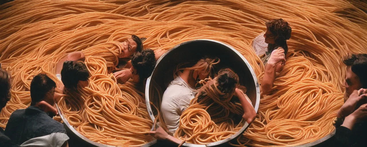 Prompt: a group of people inside a giant bowl of spaghetti, trying to get out, canon 5 0 mm, cinematic lighting, photography, retro, film, kodachrome