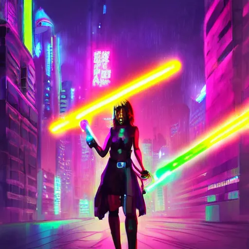 Image similar to a girl with a lightsaber in a neon cyberpunk city at night, art station, digital art, cinematic