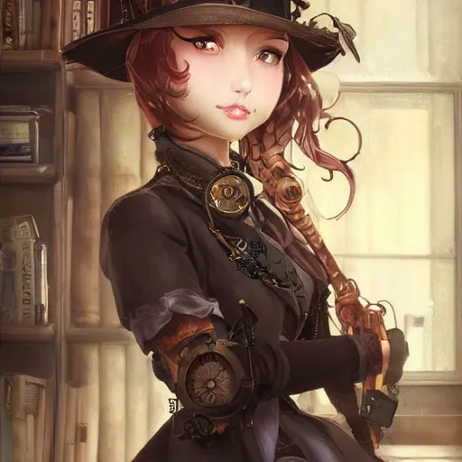 Image similar to a beautiful steampunk detective girl sitting in her office | | cute - fine - face, pretty face, fine details by stanley artgerm lau, wlop, rossdraws, james jean, andrei riabovitchev, marc simonetti, and sakimichan, trending on artstation