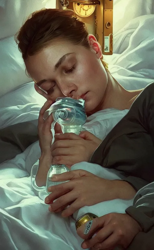 Image similar to Putin sleeps with oxygen mask on a death bed, intricate, portrait, miserable, highly detailed, digital painting, artstation, concept art, smooth, sharp focus, illustration, cinematic lighting, art by artgerm and greg rutkowski and alphonse mucha