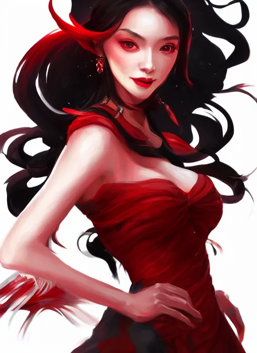 Prompt: a highly detailed illustration of hime cut black long haired woman wearing red dress, dramatic elegant smiling pose, perfect face, perfect body, intricate, elegant, highly detailed, centered, digital painting, artstation, concept art, smooth, sharp focus, league of legends concept art, wlop