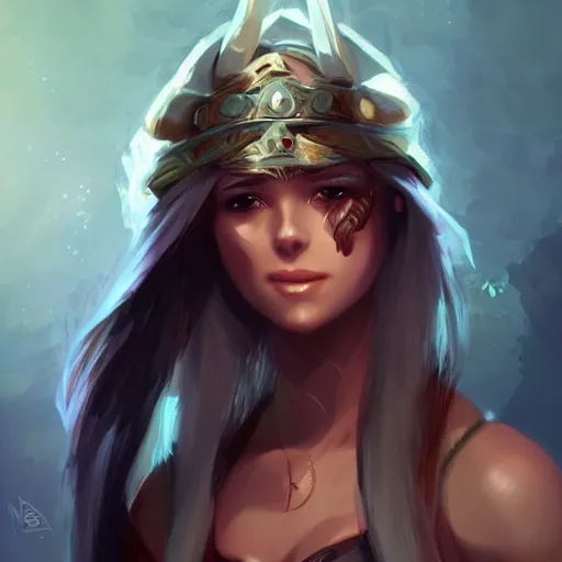 Image similar to very beautiful female barbarian, smiling, flirty, eye contact, perfect face, perfect body, drawn by charlie bowater