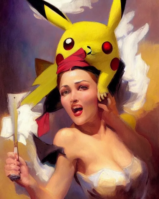 Prompt: pikachu woman painting by gaston bussiere, craig mullins, j. c. leyendecker