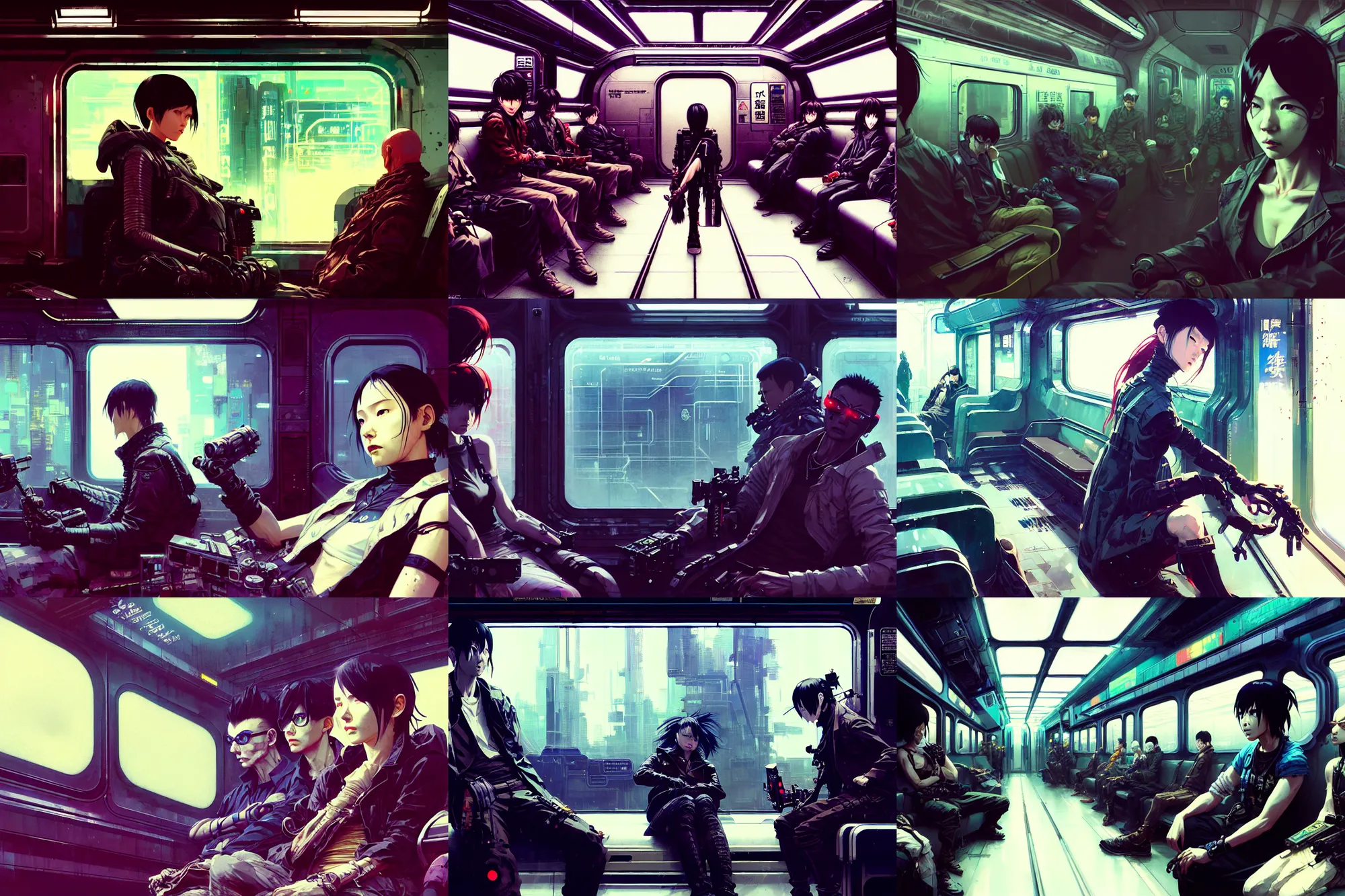 Prompt: hyper - realistic cinematic shot of cyberpunk portrait of subway car interior, extreme detail, in style of pan ren wei, yoji shinkawa, ilya kuvshinov, atey ghailan, by greg rutkowski, by greg tocchini, by james gilleard, by joe fenton, by kaethe butcher, grunge aesthetic