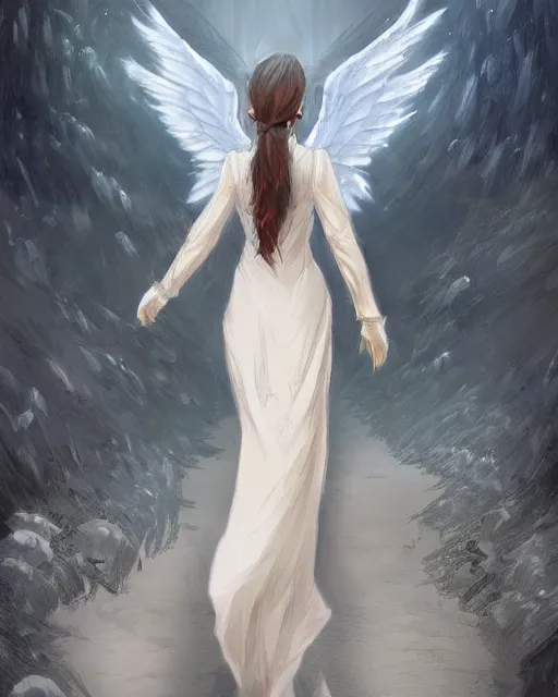 Image similar to infinitely detailed concept art of angel elegantly clothed strolling through a peaceful path, artstation!! / pixiv!!! infinitely detailed