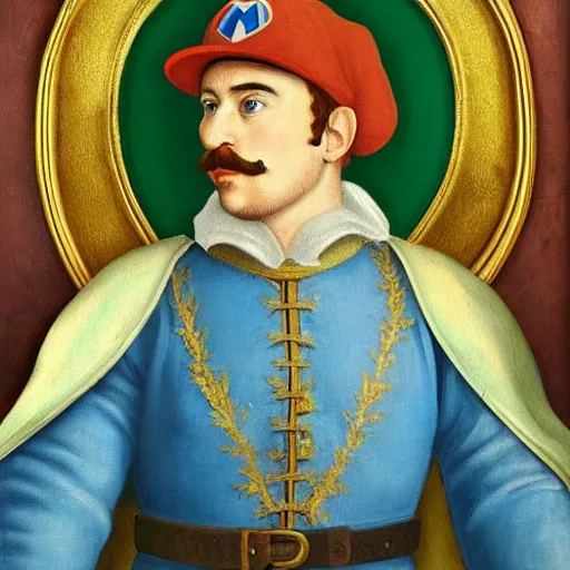 Image similar to a beautiful renaissance painted portrait of super mario