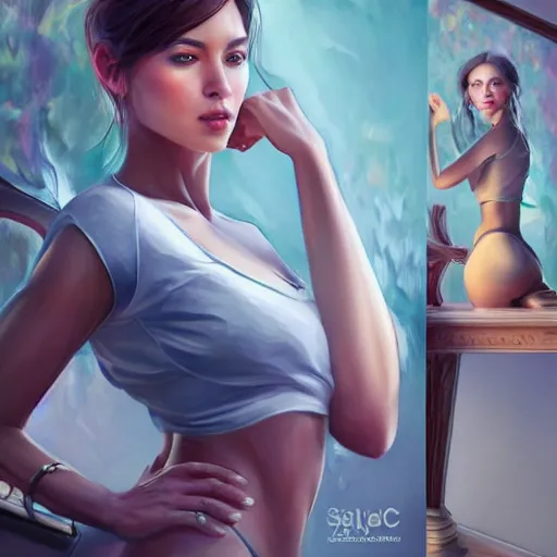 Image similar to a gourgeous digital influencer in the style of stefan kostic, realistic, full body, sharp focus, 8 k high definition, insanely detailed, intricate, elegant, art by stanley lau and artgerm