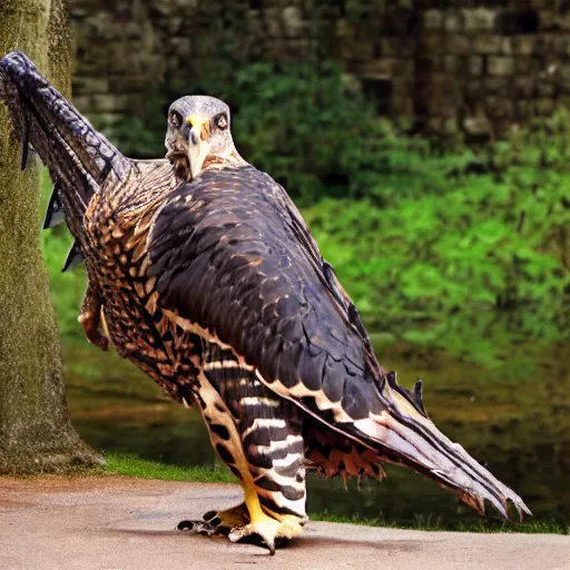 Image similar to hawk and crocodile morphed together, half crocodile, half hawk, real picture taken in zoo, realistic hawk proportions, head of crocodile is seamlessly merged with hawk