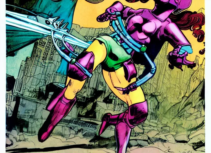 Prompt: dynamic comic panel of a beautiful riot grrl female superhero in short shorts fighting a chrome robot by cory walker and ryan ottley and jack kirby and barry windsor - smith and norman rockwel and frank frazetta, concept art, smooth, sharp focus, comic, illustration, photo real