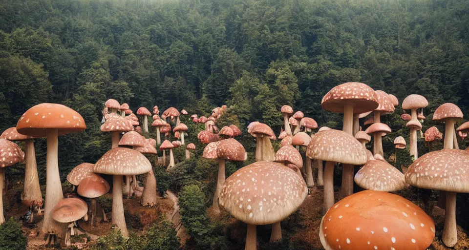 Prompt: A tribal village in a forest of giant mushrooms, by Wes Anderson,