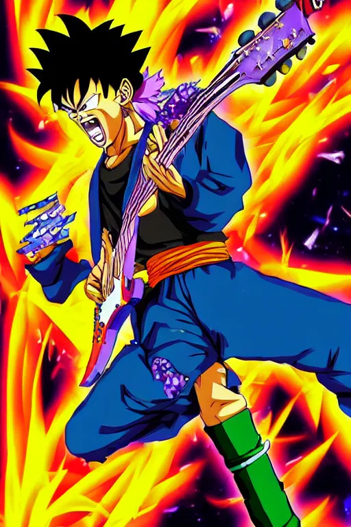 Image similar to jimi hendrix preforming in dragon ball z art style, anime art, epic, HD, cinematic