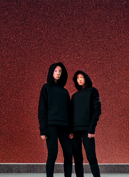 Image similar to cinestill 5 0 d photograph of 2 women wearing black techwear in front of a brutalist sharp - edged metal building, closeup, on a desolate plain, red glitter sky, sigma 8 5 mm f / 1. 4, 4 k, depth of field, high resolution, highly detailed, 4 k, 8 k, hd, full color, raw