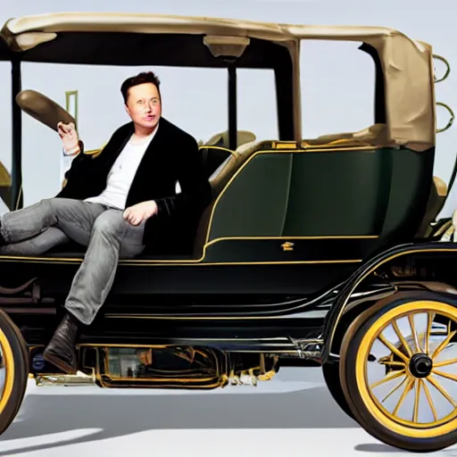 Image similar to elon musk shows off by getting into a 1 9 0 0 ford car, highly detailed, 8 k, masterpiece, super resolution.
