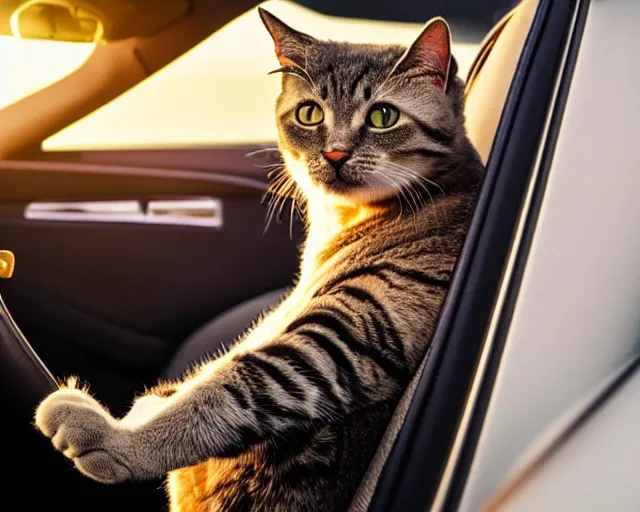 Prompt: top view of convertible, cat sitting relaxed in the driver seat with front paws on steering wheel, golden hour