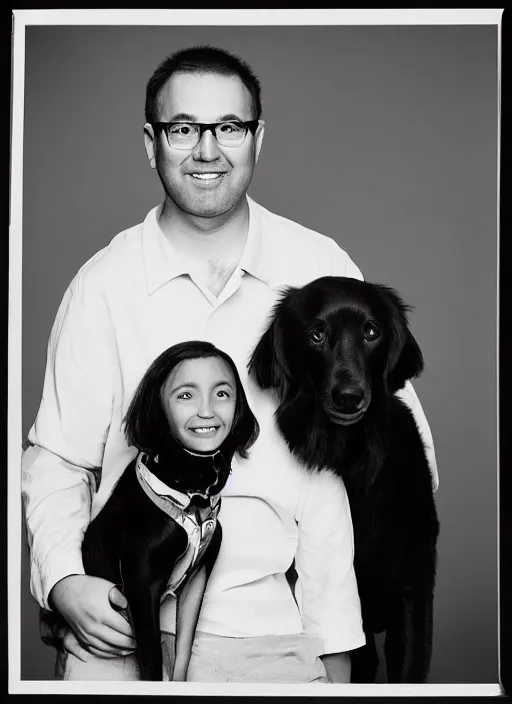 Image similar to a family portrait of a husband, wife, and their black dog. 9 0 s, studio lighting, mamiya, bulb flash