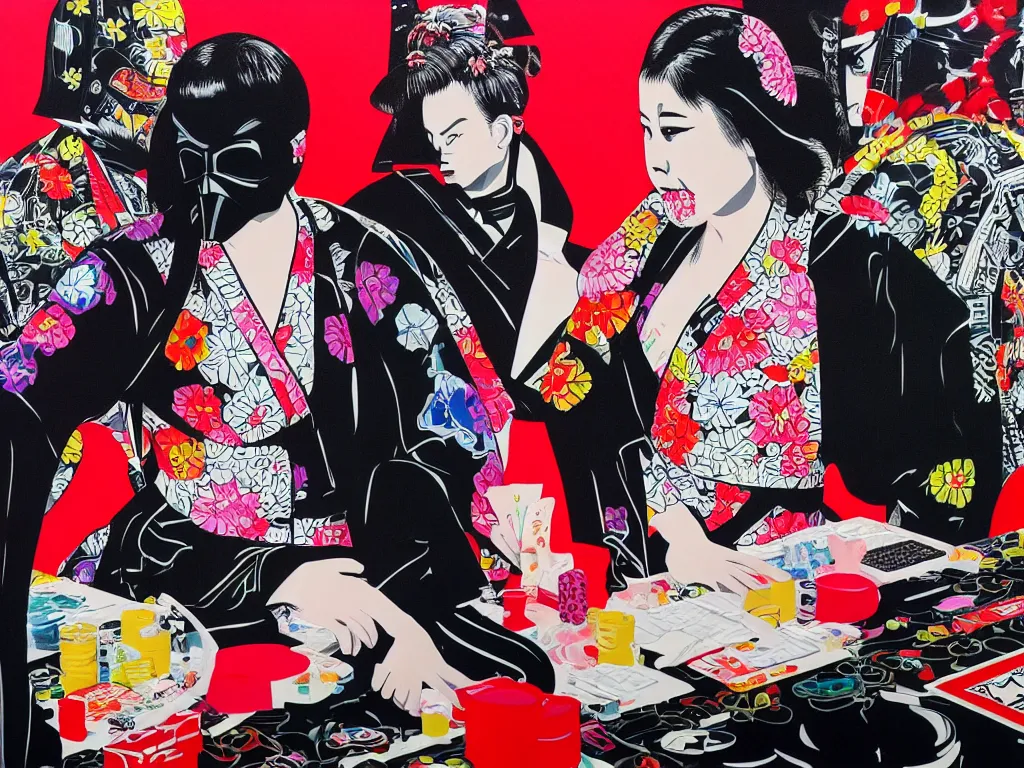 Image similar to hyperrealism composition of the detailed woman in a japanese kimono sitting at an extremely detailed poker table with darth vader, fireworks on the background, pop - art style, jacky tsai style, andy warhol style, acrylic on canvas