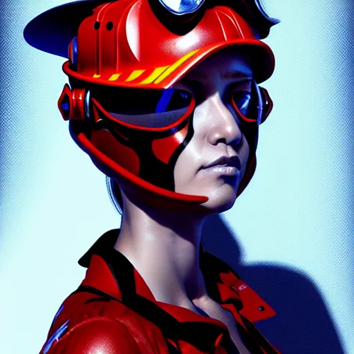 Image similar to a full - body painting of a female fire - fighter! stern face! stunning eyes!, cyberpunk art by yumihiko amano, cgsociety, figurative art, toonami, zbrush, official art