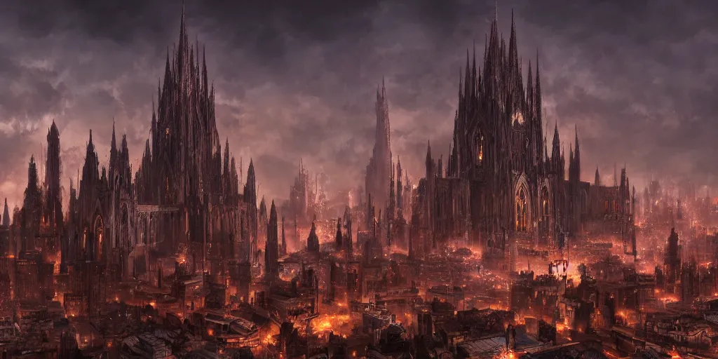 Image similar to a giant cathedral towering above the city, medieval, fantasy apocalypse, digital art, mmo, 4 k,