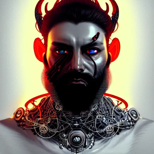 Image similar to bearded man with extremely large and intricate eye cyberpunk bionics with angry red eyes and slim features looking askance, eye cyberpunk bionics, retro futurist style, intricate, elegant gleaming intricate baroque jewelry, angelic halo, highly detailed, digital painting, artstation, concept art, smooth, sharp focus, illustration, art by wlop, mars ravelo and greg rutkowski,