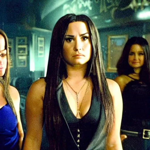 Prompt: close-up of Demi Lovato as Piper Halliwell and Selena Gomez as Phoebe Halliwell and Ariana Grande as Prue Halliwell in a Charmed movie directed by Christopher Nolan, movie still frame, promotional image, imax 35 mm footage