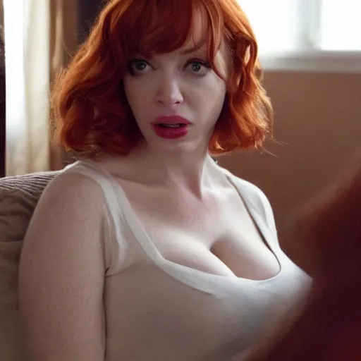 Image similar to amazing beautiful Christina Hendricks with mouth wide open in the living room, film still from the movie directed by Denis Villeneuve , wide lens