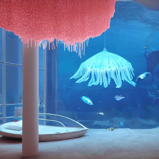 Prompt: photo of the modern fashionable room as aquarium with a chandelier as a big jellyfish, beautiful corals on the walls and dangerous sharks on the big panoramic window, realism, sharp details, cinematic, a lot of gleans, under the ocean, realistic colors, realistic shadows, daylight made in blender and cinema 4 d, hd, 3 d by beeple and by greg rutkowski