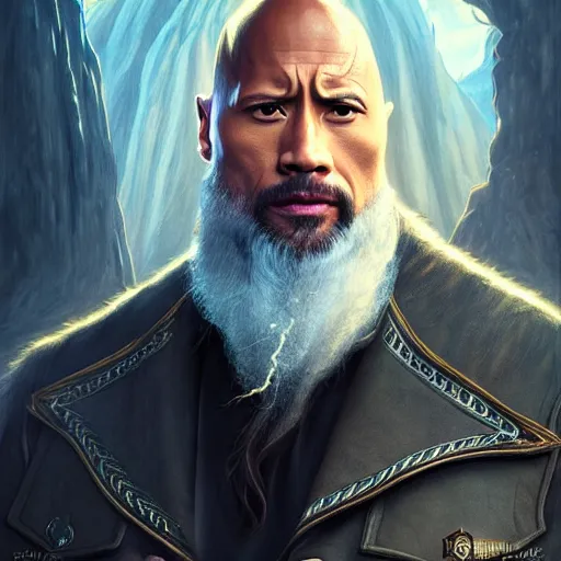 Image similar to Dwayne Johnson as Albus Dumbledore, western, D&D, fantasy, intricate, elegant, highly detailed, digital painting, artstation, concept art, matte, sharp focus, illustration, art by Artgerm and Greg Rutkowski and Alphonse Mucha