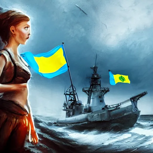 Image similar to ukrainian girl with ukrainian flag near big ruined warship, trying to survive, everywhere, concept art, trending on artstation, highly detailed, intricate, sharp focus, digital art, 8 k