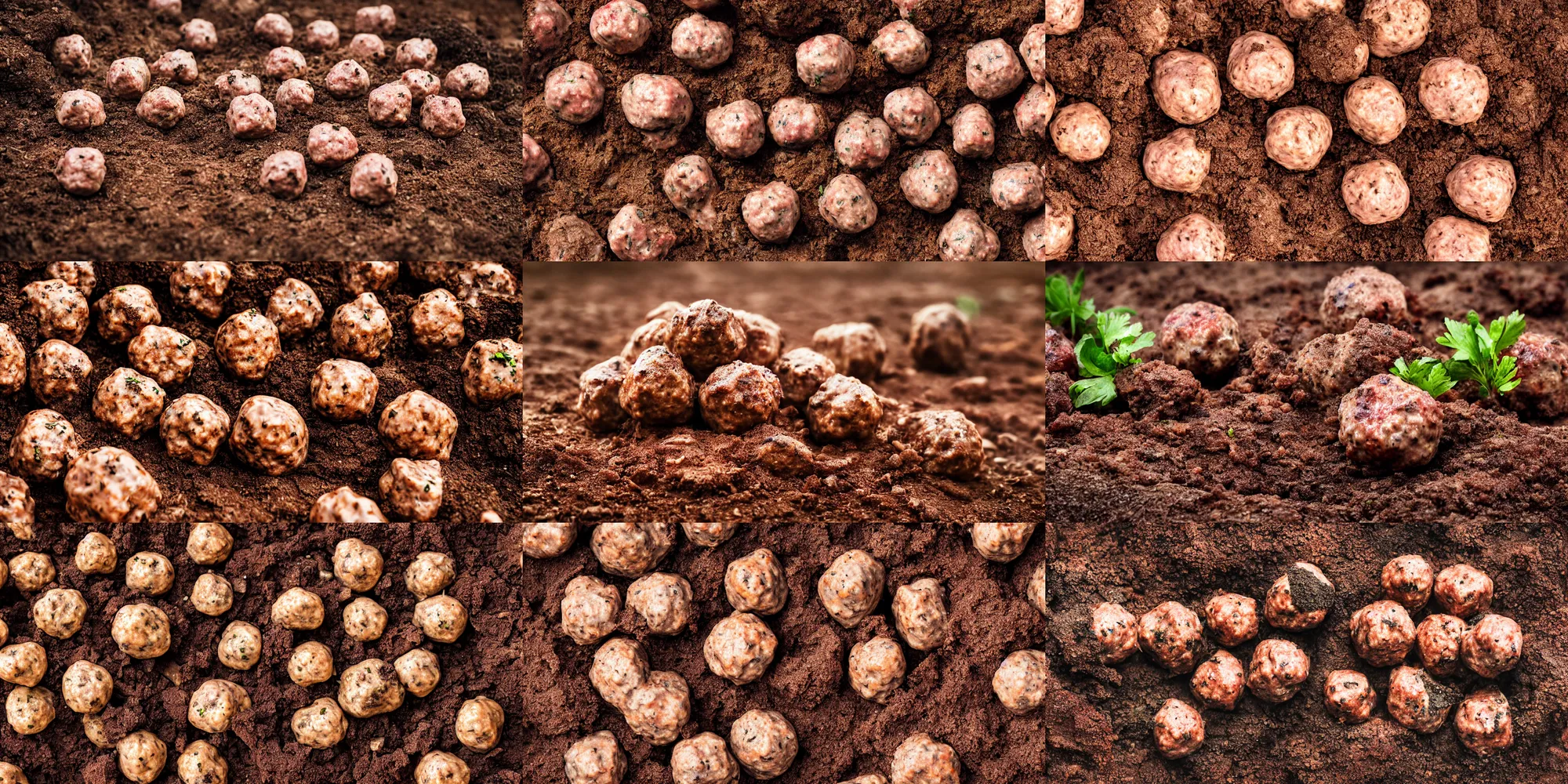 Prompt: swedish meatballs on the ground sitting in dirt with dirt on them, photorealism, hyperrealism photography hyper real resolution cinematic