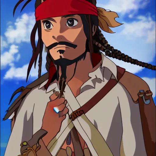 Image similar to Jack Sparrow as an anime character from Studio Ghibli. Beautiful. 4K.