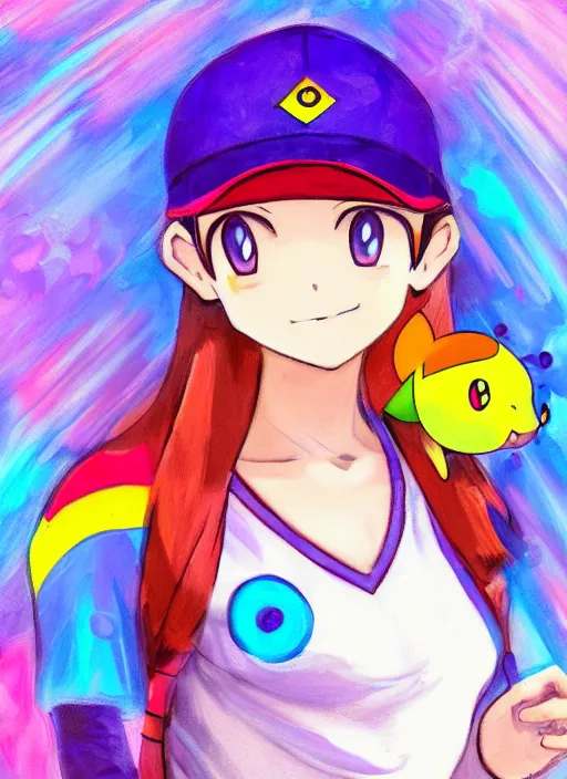 Image similar to a portrait of a female pokemon trainer, rainbow uniform, very anime in impressionist style, anime trending artwork, anime painter studio, by claude monet