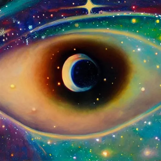 Image similar to a highly detailed photorealistic painting of a human eye reflecting outer space