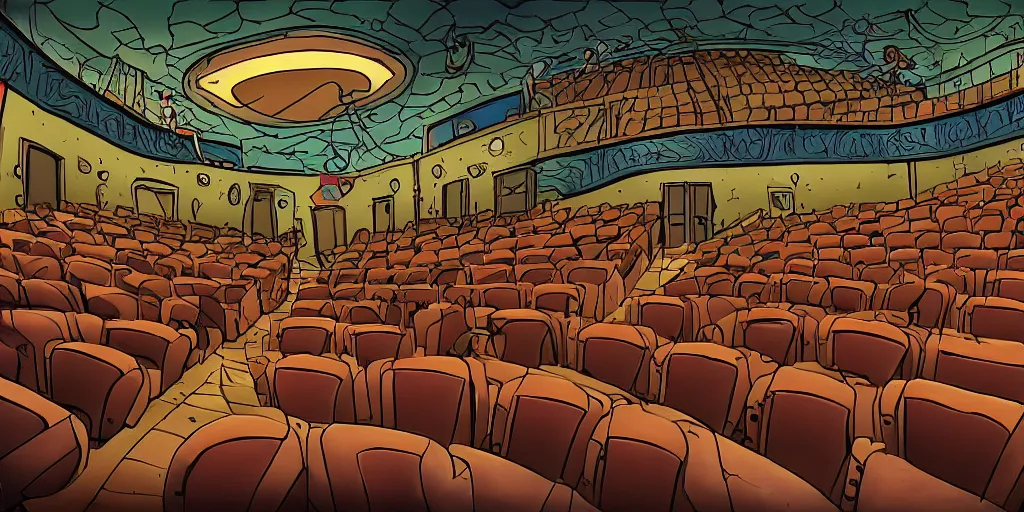 Image similar to a dimly lit, theater hall, 3 doors, 1 staircase, day of the tentacle style, drawn by Peter Chan, fish eye