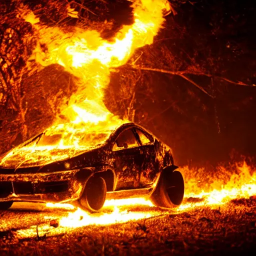 Image similar to cyberpunk car on fire in the middle of the woods at night fire fiery sci fi advance