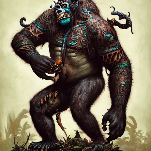 Prompt: a full body side view of barong family member with dental braces, big scars, wiwek, mara demon, one single tribe member, jungle, one single mask, dark, dark fantasy, ancient warrior, gorilla, lizard, tribal, inner glow, paint by peter mohrbacher and dan mumford