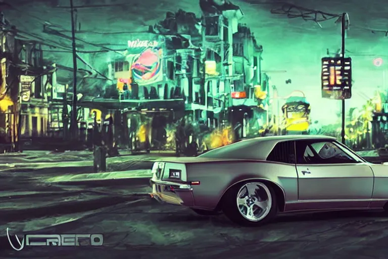 Image similar to widebody audi camaro b 1 ( 1 9 6 9 ), need for speed : carbon, at night, mild sci - fi, neon lines, lviv historic centre, phonk music background, smoke behind wheels, noise, dark, establishing shot, by simon stalenhag