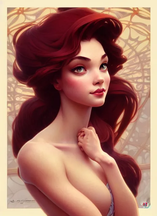 Image similar to portrait of disney ariel, intricate, elegant, highly detailed, my rendition, digital painting, artstation, concept art, smooth, sharp focus, illustration, art by artgerm and greg rutkowski and alphonse mucha and uang guangjian and gil elvgren and sachin teng, symmetry!!