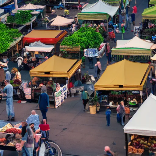 Image similar to film still, establishing shot of bustling farmers market, golden hour, high angle