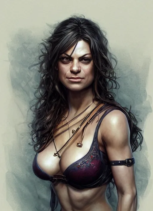 Image similar to muscled Mila Kunis grinning as a ruggedly handsome heroine, intricate, elegant, highly detailed, centered, artstation, concept art, smooth, sharp focus, illustration, bokeh art by artgerm and donato giancola and Joseph Christian Leyendecker, WLOP