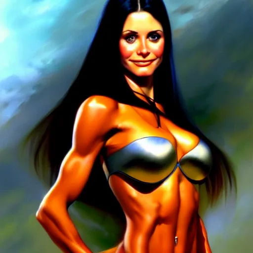 Prompt: portrait of young courtney cox as an amazon girl, painted by stanley artgerm, boris vallejo, fantasy art, sleek curves, sharp focus, trending on artstation hq, deviantart