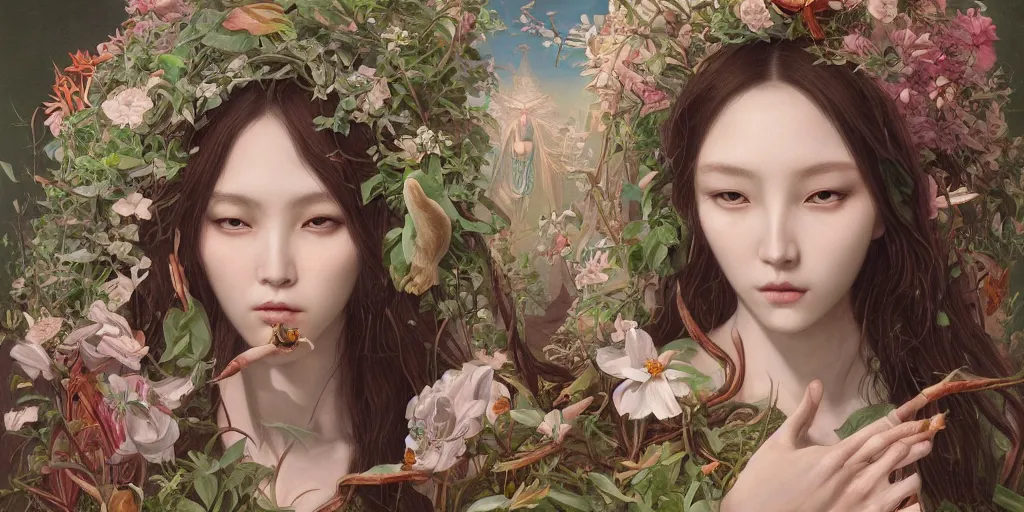 Image similar to breathtaking detailed concept art painting of the goddess, orthodox saint, with anxious, piercing eyes, ornate background, amalgamation of leaves and flowers, by hsiao - ron cheng and john james audubon and miho hirano, extremely moody lighting, 8 k