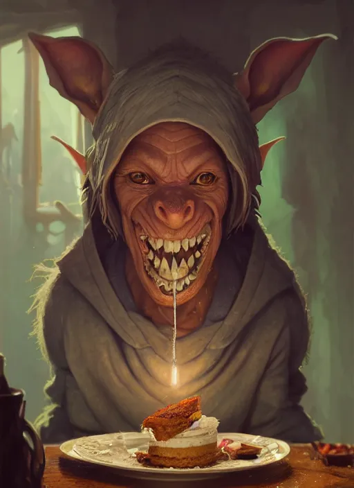 Image similar to highly detailed portrait of a medieval goblin eating cakes, stephen bliss, unreal engine, greg rutkowski, loish, rhads, beeple, makoto shinkai and lois van baarle, ilya kuvshinov, rossdraws, tom bagshaw, tom whalen, alphonse mucha, global illumination, god rays, detailed and intricate environment