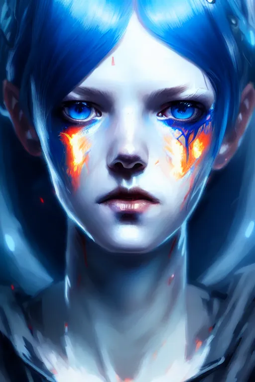 Prompt: a young, slender girl, with fiery blue hair and bright eyes, hyperrealistic face, beautiful eyes, fantasy art, in the style of greg rutkowski, intricate, hyperdetalized, smooth, cyberpunk, tech