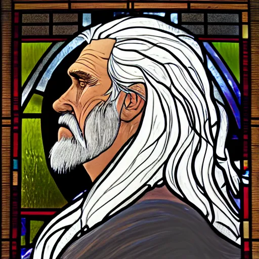 Prompt: detailed side - view portrait of vesemir, a very old witcher, dark grey hair, half ponytail, clean shaven, small mustache, stained glass art, by alphonse mucha, masterful