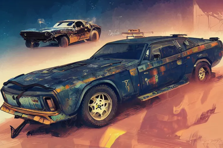 Prompt: digital illustration of mad max's yugo pursuit special, the last v 8 interceptor by makoto shinkai, ilya kuvshinov, lois van baarle, rossdraws, basquiat