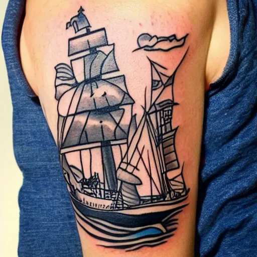 Image similar to a pirate ship sailing in the sea, realism tattoo design with amazing shades by david vega, clean white paper background